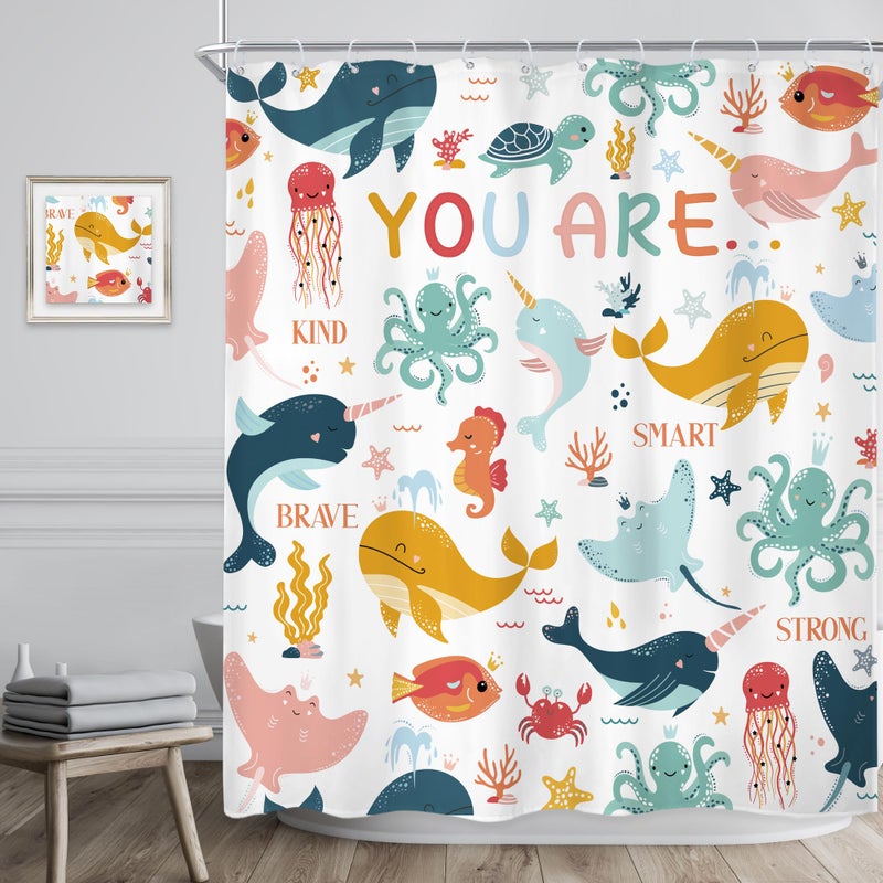 Riyidecor Ocean Whale Kids Shower Curtain 60Wx72H Inch Funny Cartoon Sealife Fish Animal Dolphin Underwater Marine Inspirational Quotes Nursery Bathroom Decor Fabric Polyester Waterproof 12 Pack Hooks - Image 2