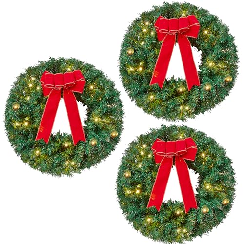 Joiedomi 19 Christmas PreLit Wreath with LED Lights with Ribbon 3 Pcs Wreaths for Front Door Windows Living Room and Indoor Outdoor Christmas Decorations Window Door Wreath Battery Operated