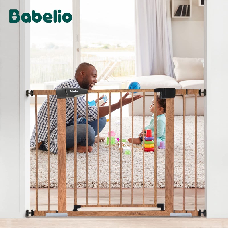 BABELIO فائز بجائزة اختيار الأم - بابليو 26-40" بوابة أطفال معدنية بنمط خشبي، بوابة ضغط سهلة التركيب C5 للكلاب للسلالم والأبواب، مع واقيات جدران ومجموعات تمديد - Image 3