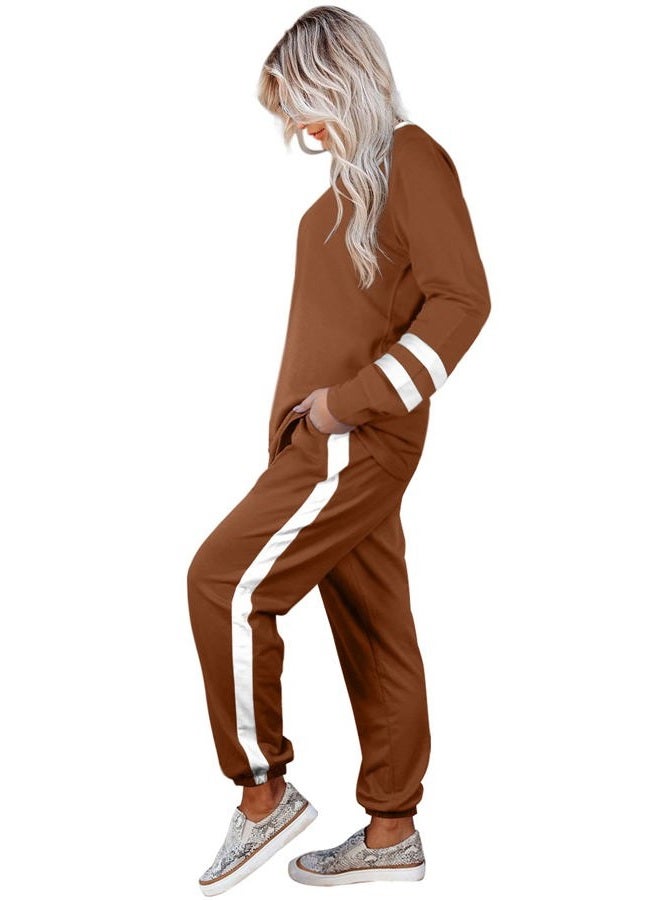 Aloodor Sweatsuit for Women 2 Piece Outfits for Womens Crewneck Sweatshirts Pullover, 2b-coffee, L - Image 3