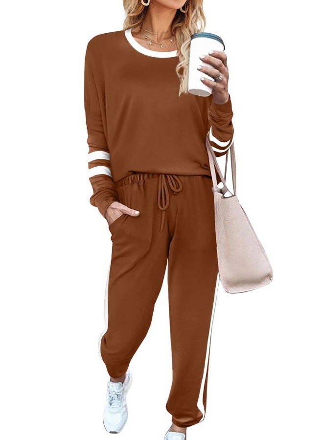 Aloodor Sweatsuit for Women 2 Piece Outfits for Womens Crewneck Sweatshirts Pullover, 2b-coffee, L - Image 1