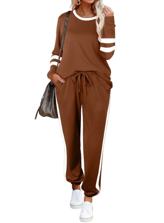 Aloodor Sweatsuit for Women 2 Piece Outfits for Womens Crewneck Sweatshirts Pullover, 2b-coffee, L - Image 2