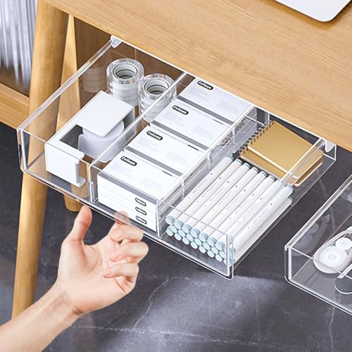 OFIFO® Pull-Out Under Desk Drawer Organizer, Hidden Sliding Storage Box With Adhesive No-Drill Install For Stationery, Makeup, Office Supplies & Tools, 9.2x12.7x3 Inch - Image 1