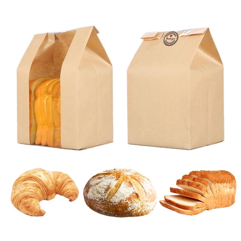 GRANDAN 50 Packs Large Paper Bread Bags for Homemade Bread Kraft Paper Bakery Bags with Window for Sourdough Toast Packing Storage Baked Loaf Gifting Bag Bonus Label Seal Stickers 126x83x40 inch - Image 2