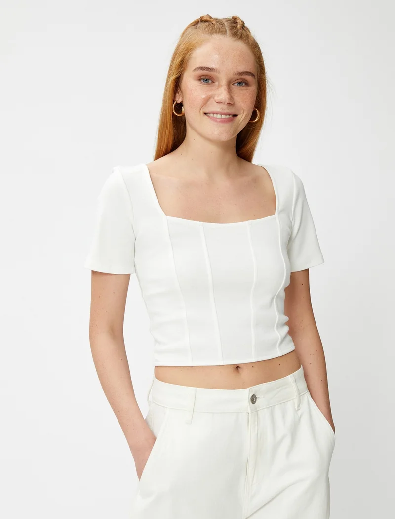 كوتون Crop T-Shirt Corset Detailed Square Neck