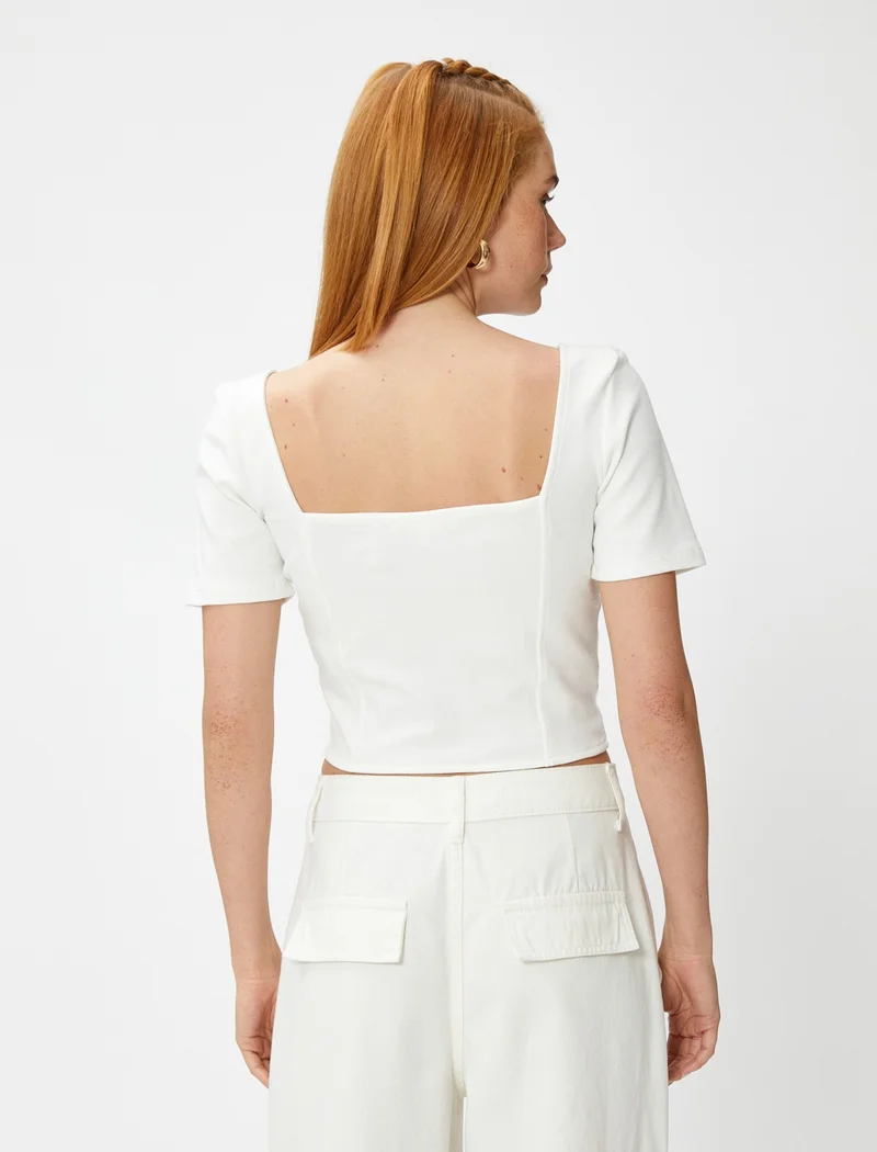 كوتون Crop T-Shirt Corset Detailed Square Neck
