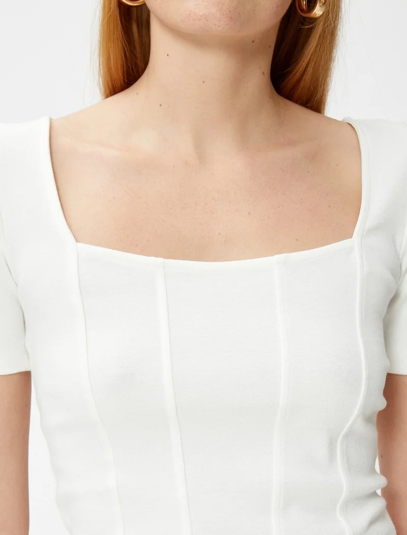 كوتون Crop T-Shirt Corset Detailed Square Neck