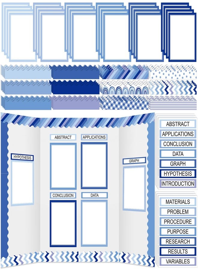 Fuyoooo 90 Pcs Science Fair Board Supplies 60 Trim Scalloped Bulletin Board Borders 24 Presentation Board Subtitles 6 Science Fair Titles for Classroom Display Boards (Blue Boho) - Image 1
