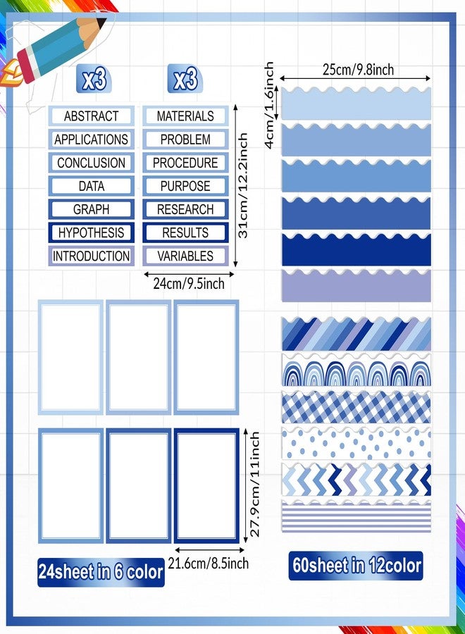 Fuyoooo 90 Pcs Science Fair Board Supplies 60 Trim Scalloped Bulletin Board Borders 24 Presentation Board Subtitles 6 Science Fair Titles for Classroom Display Boards (Blue Boho) - Image 2