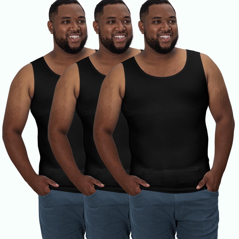 QORE LOGIQ Gynecomastia Compression Shirts for Men - Sleeveless Slimming Undershirts Tummy Control and Body Shaper Tank Top Black XLT (Tall Fit) 3Packs - Image 2