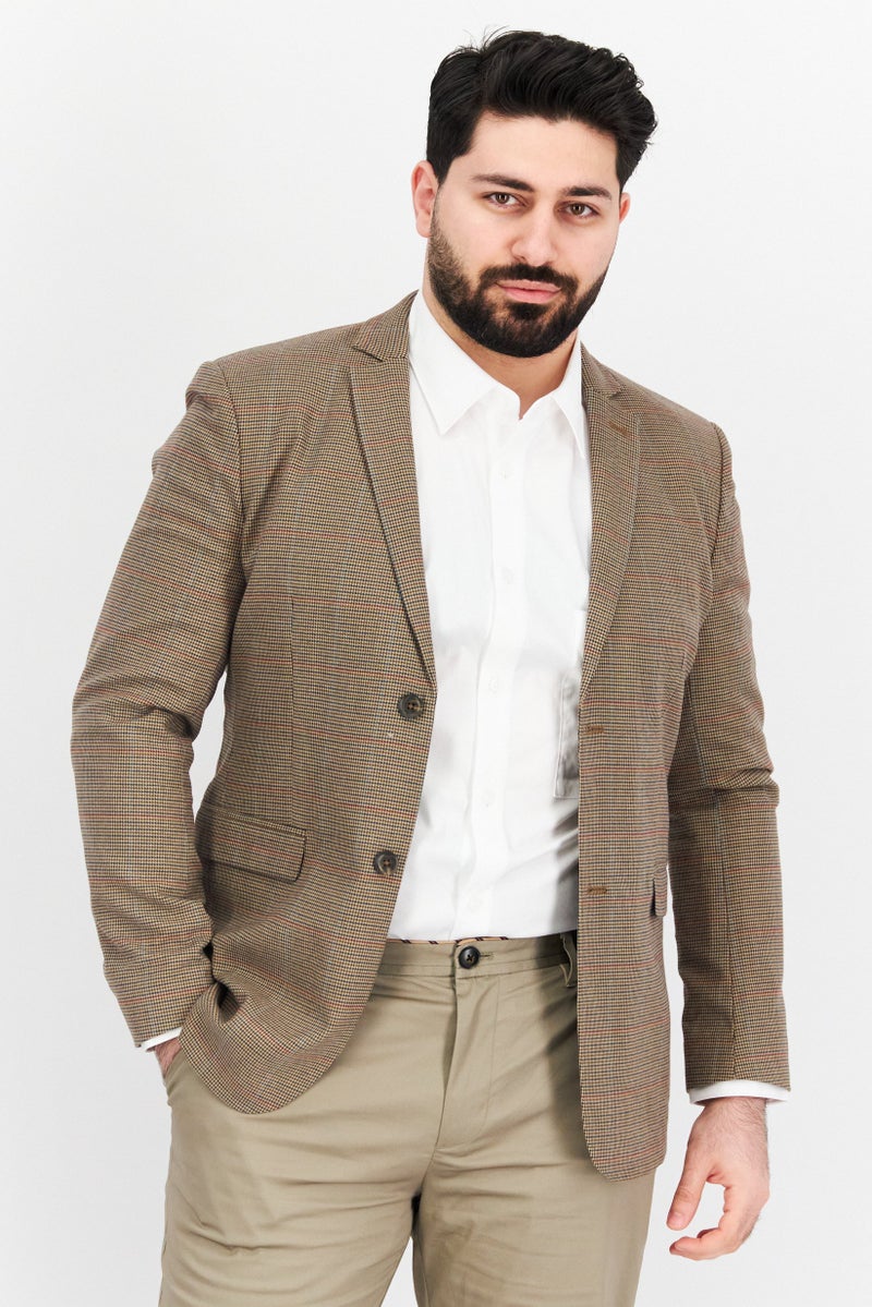 SELECTED Men Relaxed Fit Long Sleeve Plaid Casual Blazer, Tan Combo - Image 1