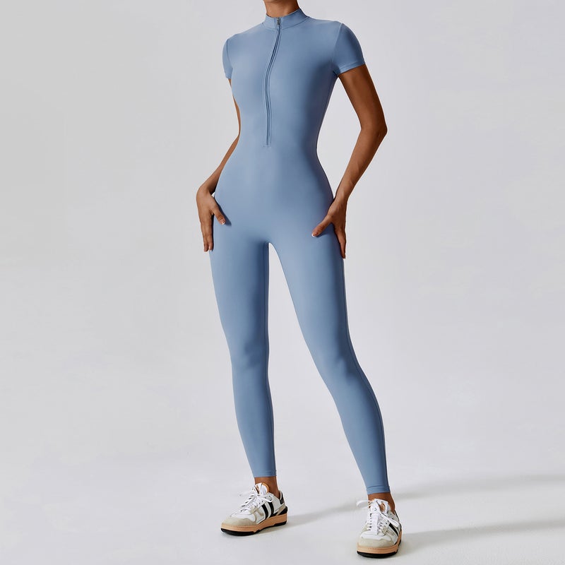 Zippered Short Sleeve Yoga Jumpsuit Women 8305 Haze Blue - Image 1
