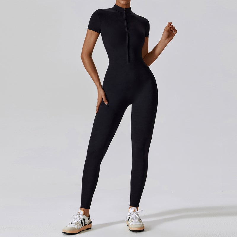 Zippered Short Sleeve Yoga Jumpsuit Women 8305 Haze Blue - Image 2
