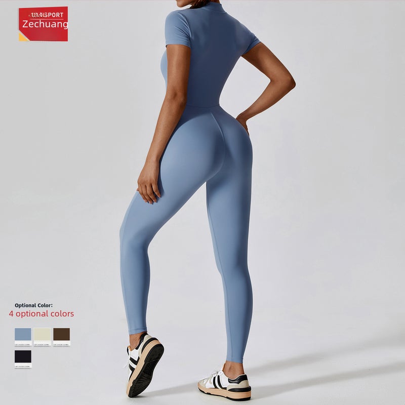 Zippered Short Sleeve Yoga Jumpsuit Women 8305 Haze Blue - Image 4