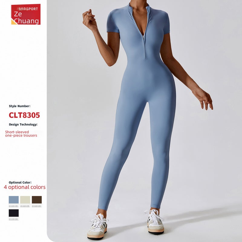 Zippered Short Sleeve Yoga Jumpsuit Women 8305 Haze Blue - Image 3
