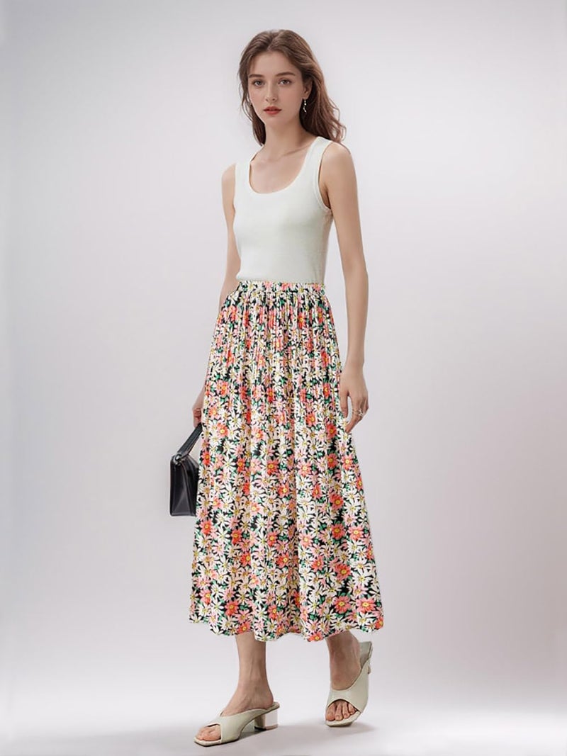 Basoteeuo Pleated Skirts for Women Chiffon Midi Length Trendy Summer High Waisted A Line Long Skirt Floral Multicolor L - Image 3