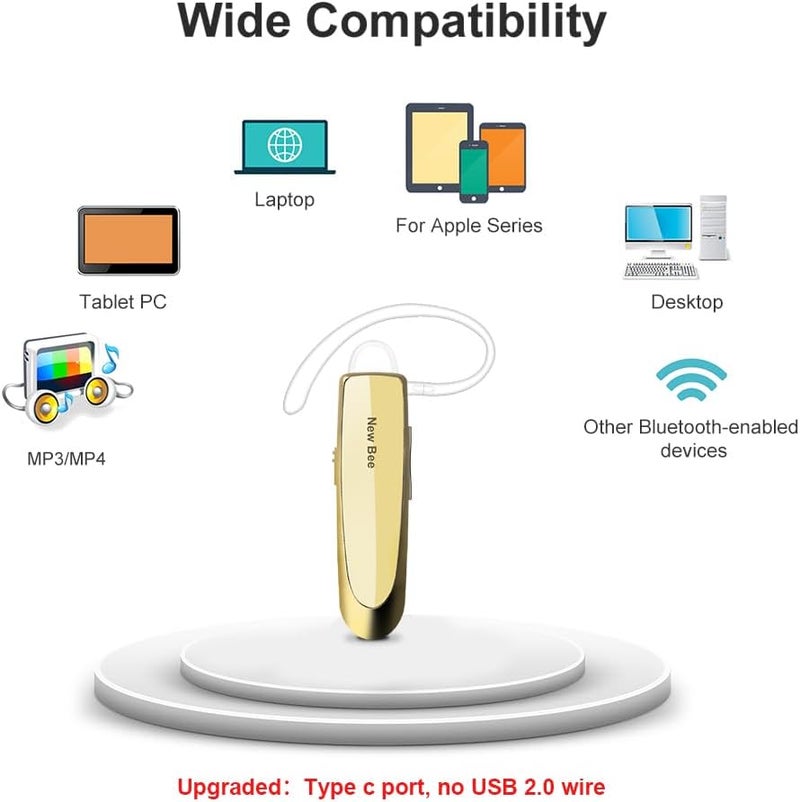 New Bee سماعة بلوتوث V5.0 لاسلكية مع ميكروفون سماعة رأس بدون استخدام اليدين لمدة 24 ساعة للسائقين 60 يومًا من وقت الانتظار لجهاز iPhone وAndroid وSamsung وLaptop وسائقي الشاحنات (ذهبي) - Image 4