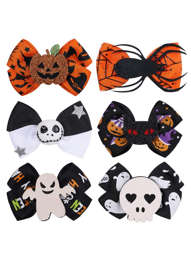 Aaiffey - 6 Pcs Halloween Hair Bow Clips - Pumpkin Spider Bat Ghost Hair Bows Knot Barrette for Girls' Party Hair Accessories - Image 1
