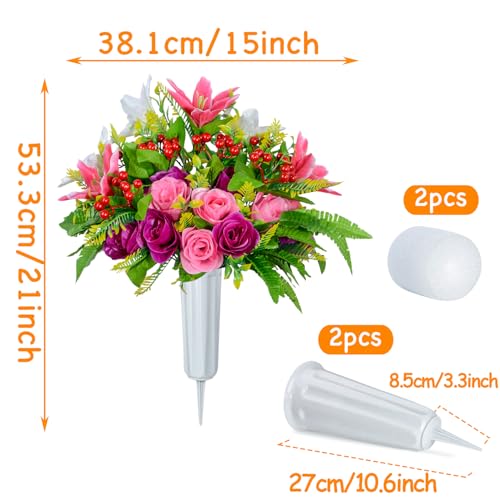 XONOR Artificial Cemetery Flowers with Vase, Set of 2 Artificial Rose Lily Bouquet Graveyard Memorial Flowers for Cemetery Headstones Decoration - Image 2