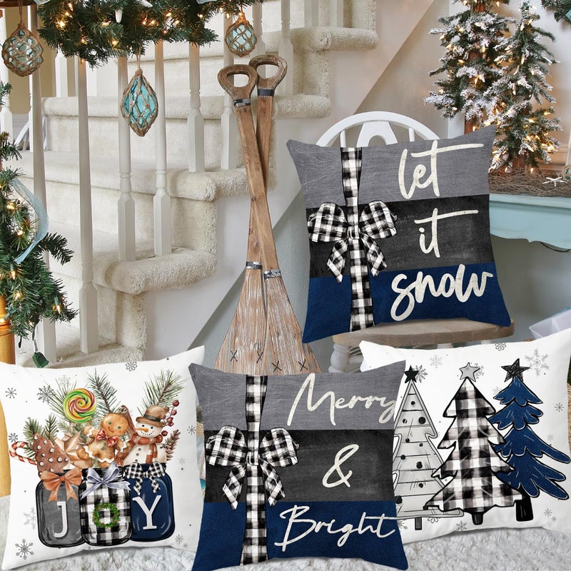 آرت ماج Artmag 20x20 بوصة عيد الميلاد وسادة أغطية عيد ميلاد سعيد فرحة عيد الميلاد أشجار الأزرق والأسود تزيين وسادة العطلات الشتوية لمجموعة الأريكة من 4 - Image 3