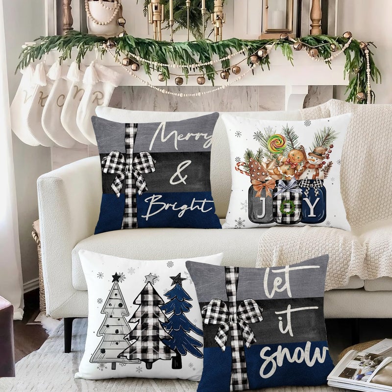 آرت ماج Artmag 20x20 بوصة عيد الميلاد وسادة أغطية عيد ميلاد سعيد فرحة عيد الميلاد أشجار الأزرق والأسود تزيين وسادة العطلات الشتوية لمجموعة الأريكة من 4 - Image 4