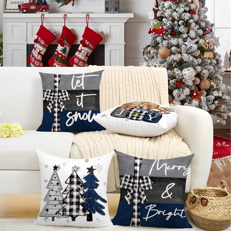 آرت ماج Artmag 20x20 بوصة عيد الميلاد وسادة أغطية عيد ميلاد سعيد فرحة عيد الميلاد أشجار الأزرق والأسود تزيين وسادة العطلات الشتوية لمجموعة الأريكة من 4 - Image 5