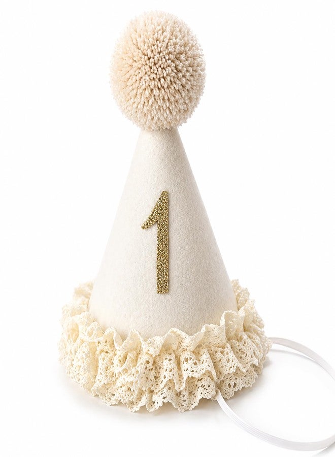 suvast 1 Birthday Hat – Neutral Keepsake One Party Hat for Boys & Girls with Handcrafted Pom Pom & Lace Ruffle (Lace 1 Birthday Hat) - Image 1