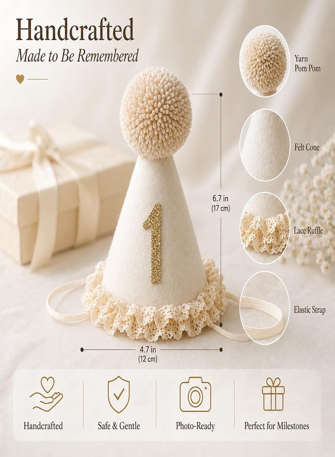 suvast 1 Birthday Hat – Neutral Keepsake One Party Hat for Boys & Girls with Handcrafted Pom Pom & Lace Ruffle (Lace 1 Birthday Hat) - Image 2