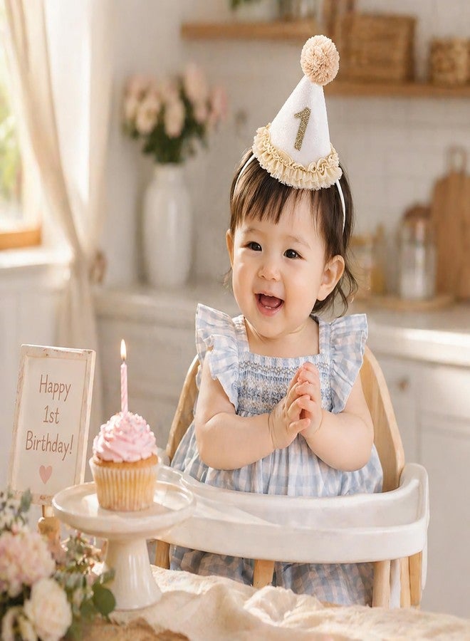 suvast 1 Birthday Hat – Neutral Keepsake One Party Hat for Boys & Girls with Handcrafted Pom Pom & Lace Ruffle (Lace 1 Birthday Hat) - Image 3