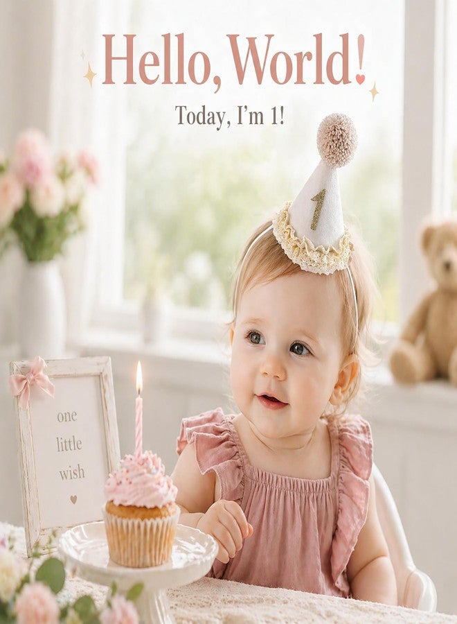 suvast 1 Birthday Hat – Neutral Keepsake One Party Hat for Boys & Girls with Handcrafted Pom Pom & Lace Ruffle (Lace 1 Birthday Hat) - Image 4