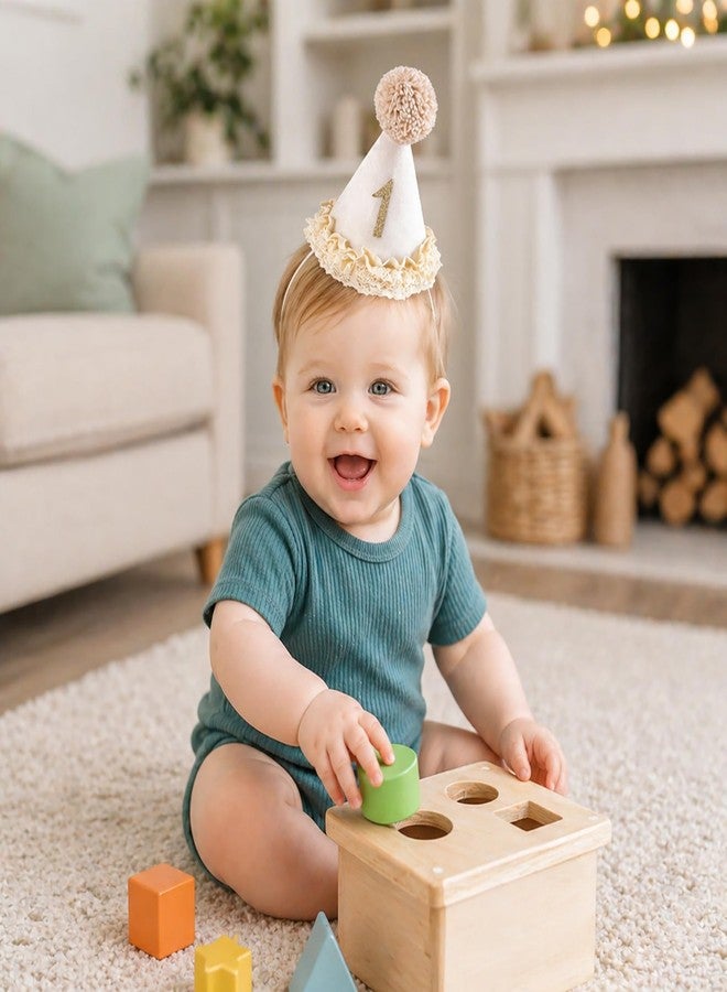 suvast 1 Birthday Hat – Neutral Keepsake One Party Hat for Boys & Girls with Handcrafted Pom Pom & Lace Ruffle (Lace 1 Birthday Hat) - Image 5