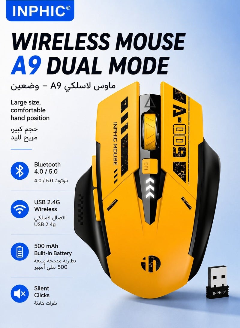 inphic ماوس لاسلكي A9 قابل لإعادة الشحن 2.4 جيجا هرتز / ماوس متعدد الأوضاع بتقنية البلوتوث، ماوس ميكانيكي بدون ضوضاء بدقة 2400 نقطة في البوصة، فأرة بصرية للمكتب لأجهزة الكمبيوتر المحمولة - Image 1