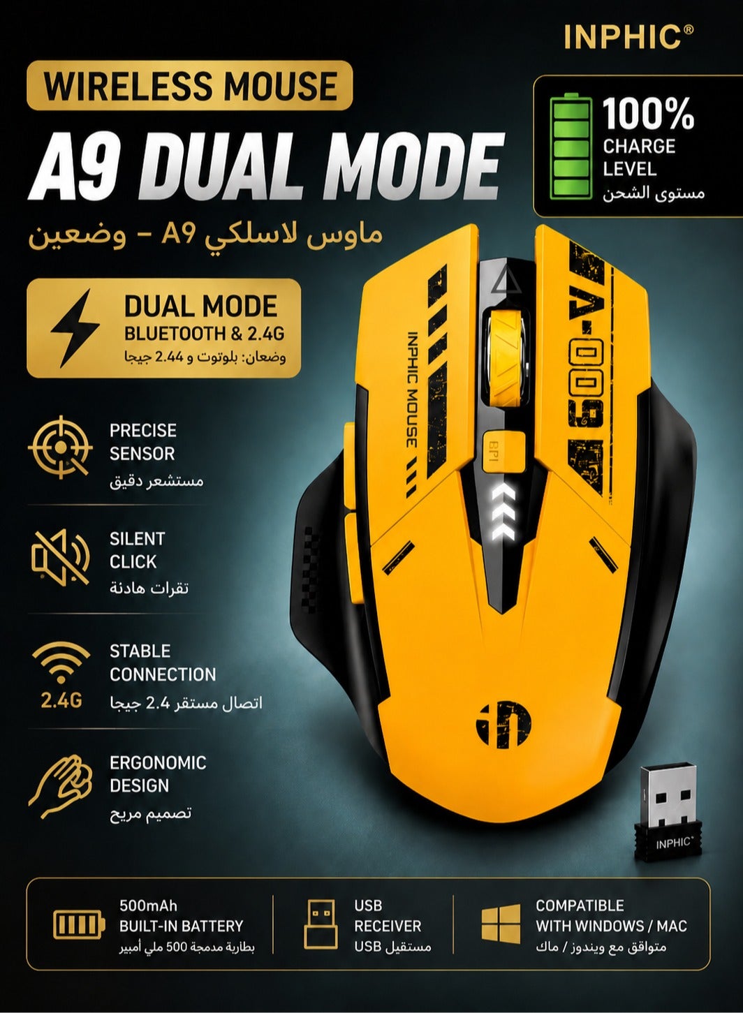 A9 Wireless Mouse – Rechargeable, Silent Click, Ultra-Thin Ergonomic Design, 2.4G/ Bluetooth Dual Mode, Adjustable DPI, Portable Optical Mouse for Laptop, PC, Mac, Office & Travel