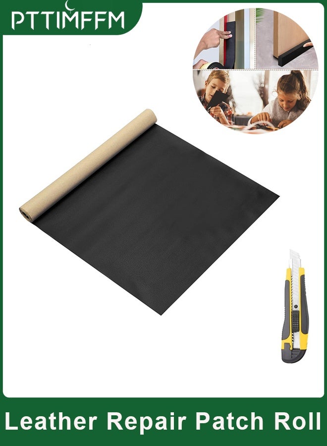 بتيمفم لفة رقعة إصلاح جلدية ذاتية اللصق 50×137 سم مع سكين متعدد الاستخدامات، شريط إصلاح جلد البولي يوريثان الأسود للأرائك ومقاعد السيارات والأثاث والمفروشات - Image 1