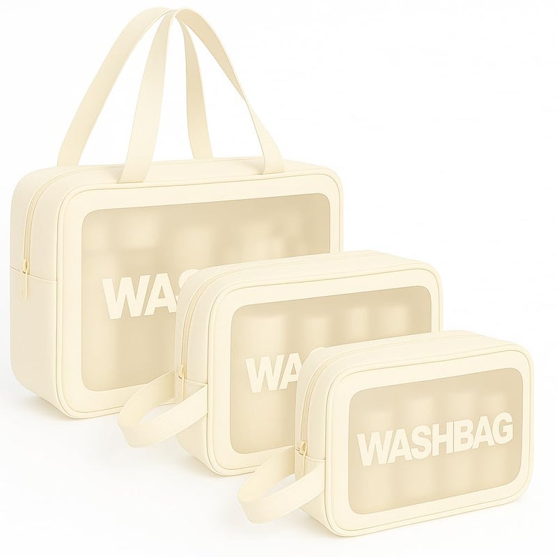 KUKLAR Gritty Wash Bag Pouch for Travel Kit Toiletry Bag Cosmetic Bag Make Up Box for Brushes, Accessories with Handle, Large Capacity Waterproof Travel Storage Organizer Set of 3(Beige) - Image 1