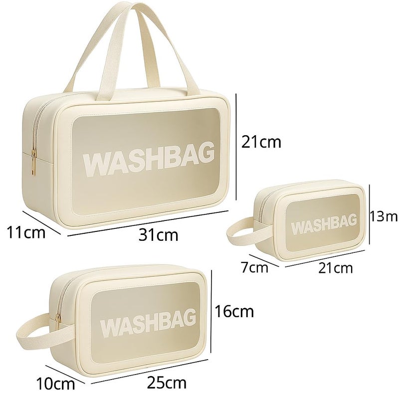 KUKLAR Gritty Wash Bag Pouch for Travel Kit Toiletry Bag Cosmetic Bag Make Up Box for Brushes, Accessories with Handle, Large Capacity Waterproof Travel Storage Organizer Set of 3(Beige) - Image 2