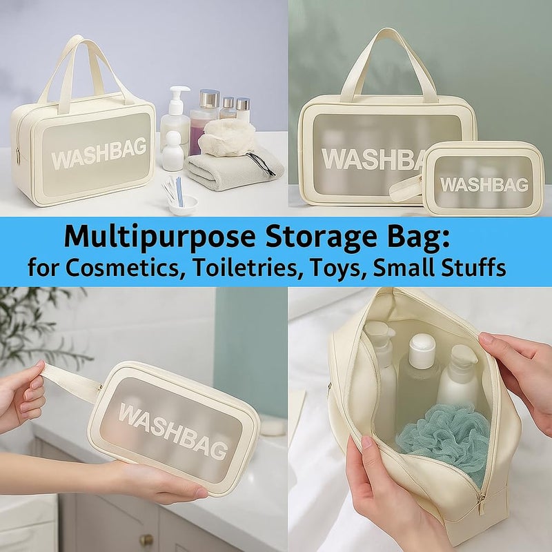 KUKLAR Gritty Wash Bag Pouch for Travel Kit Toiletry Bag Cosmetic Bag Make Up Box for Brushes, Accessories with Handle, Large Capacity Waterproof Travel Storage Organizer Set of 3(Beige) - Image 3