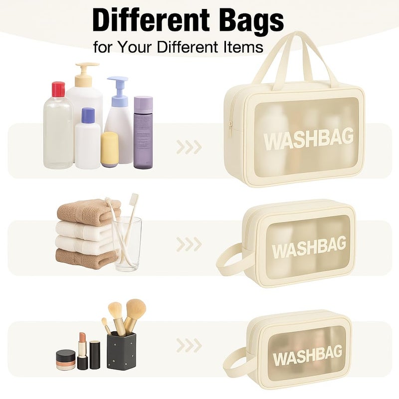 KUKLAR Gritty Wash Bag Pouch for Travel Kit Toiletry Bag Cosmetic Bag Make Up Box for Brushes, Accessories with Handle, Large Capacity Waterproof Travel Storage Organizer Set of 3(Beige) - Image 4