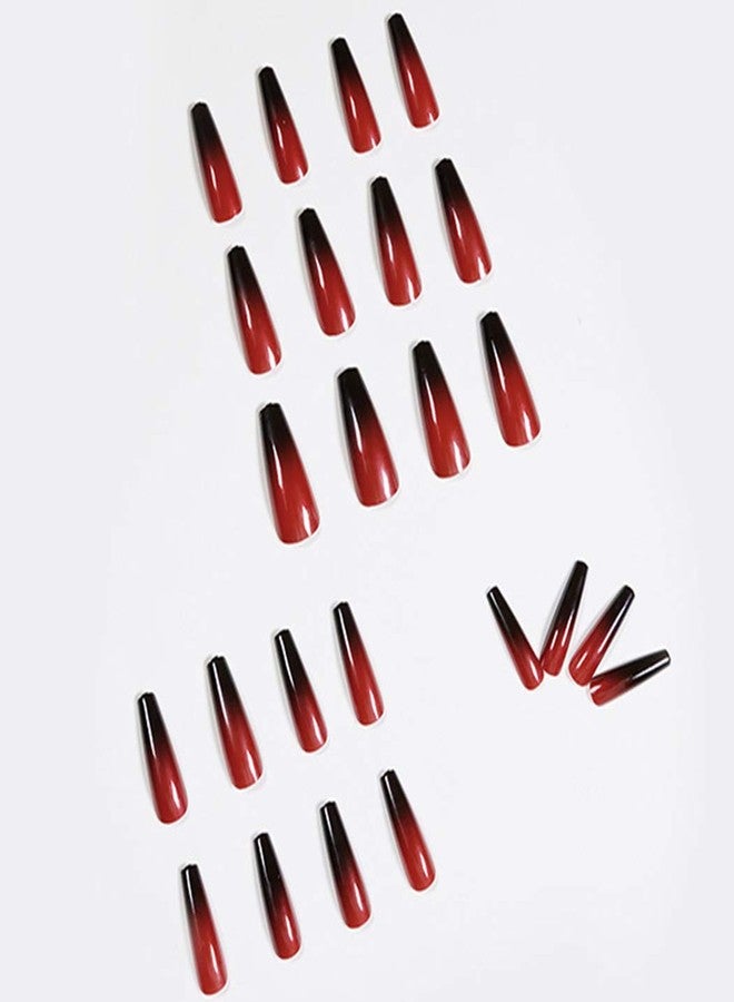 Outyua Halloween Red Black Press on Nails Ombre Coffin Fake Nails Long False nails with Designs Acrylic Witch Ghost Nails for Women and Girls 24Pcs (Red & Black) - Image 3