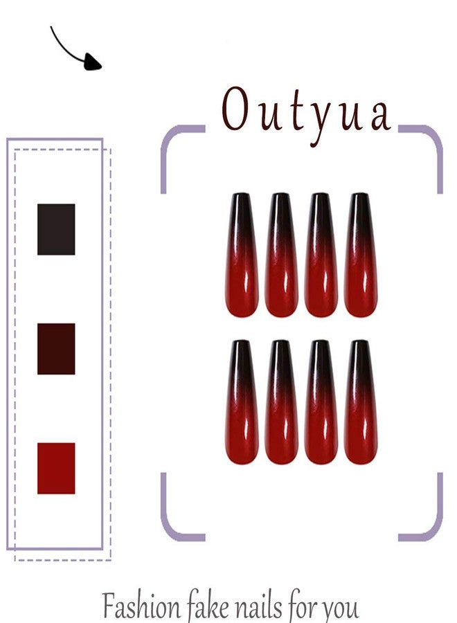 Outyua Halloween Red Black Press on Nails Ombre Coffin Fake Nails Long False nails with Designs Acrylic Witch Ghost Nails for Women and Girls 24Pcs (Red & Black) - Image 2