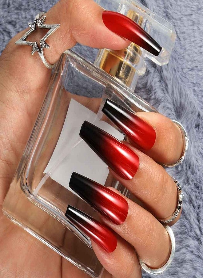 Outyua Halloween Red Black Press on Nails Ombre Coffin Fake Nails Long False nails with Designs Acrylic Witch Ghost Nails for Women and Girls 24Pcs (Red & Black) - Image 5