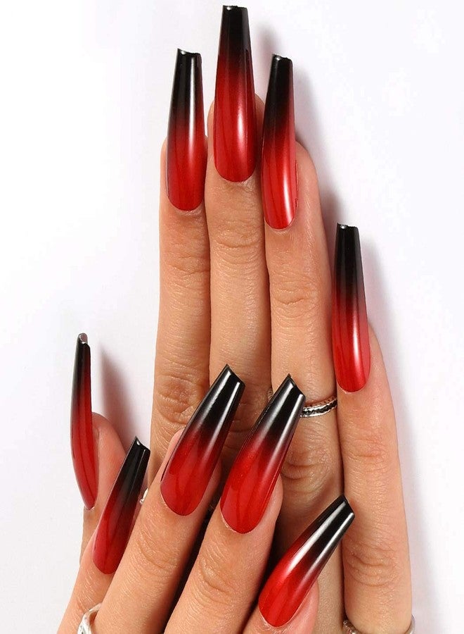 Outyua Halloween Red Black Press on Nails Ombre Coffin Fake Nails Long False nails with Designs Acrylic Witch Ghost Nails for Women and Girls 24Pcs (Red & Black) - Image 4