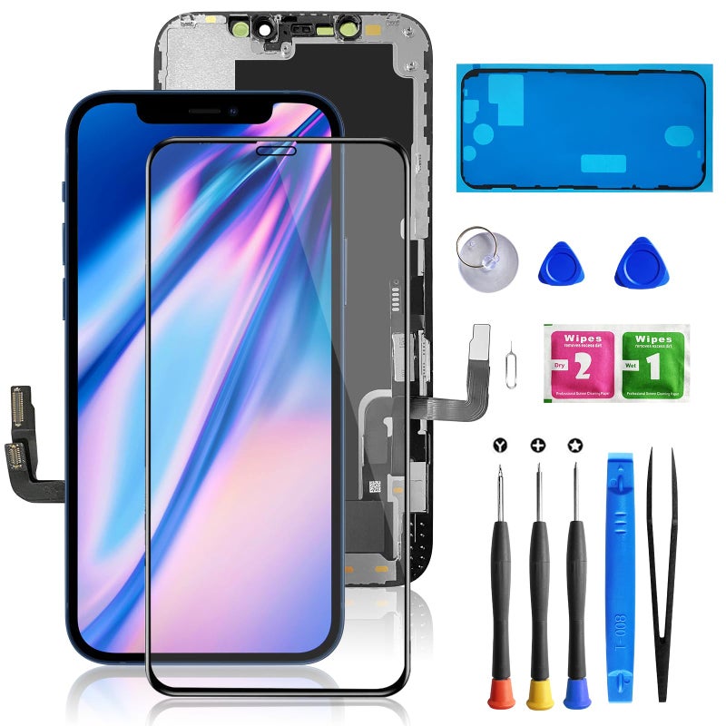 Bsz4uov لهاتف iPhone 12/12 Pro استبدال شاشة 6.1"، Bsz4uov شاشة لمس ثلاثية الأبعاد LCD عرض محول رقمي لشاشة 12/12 Pro لمجموعات إصلاح الهواتف المحمولة + ملصق إطار مقاوم للماء + واقي مقسى - Image 1
