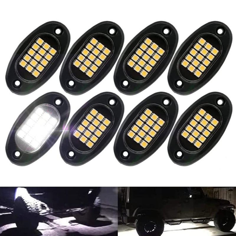 Winunite 8 Pods Quick Connect White Rock Lights 4M Extension Wires Each Light 15 SMD Chips High Adhesive Stickers 6000K Pure White IP67 Waterproof Compatible with Trucks Trailer SUV ATV UTV