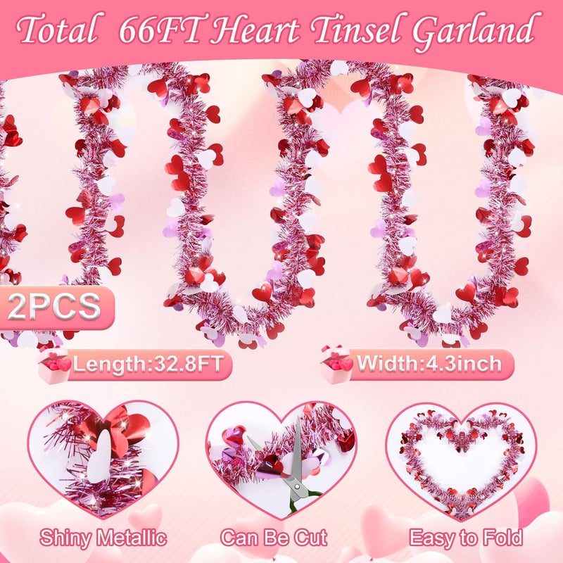 Sakayo زينة عيد الحب، إجمالي 66 قدم 2 خيوط من زينة قلوب عيد الحب، زينة معدنية حمراء وردية بيضاء معلقة لعيد الحب لتزيين المنزل داخليًا وخارجيًا، المدفأة، الطاولة، حفلات الزفاف، الحفلات - Image 2