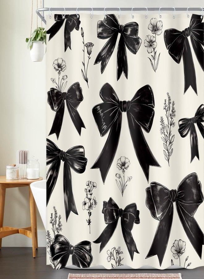 Ufeela Black Bow Shower Curtain Girls Vintage Coquette Bowknot Floral Wildflower Retro Girly Fashion Elegant Plant 60Wx72L Inch Bathroom Set Aesthetic Bath Curtain Bathtub Accessories Home Decor - Image 1