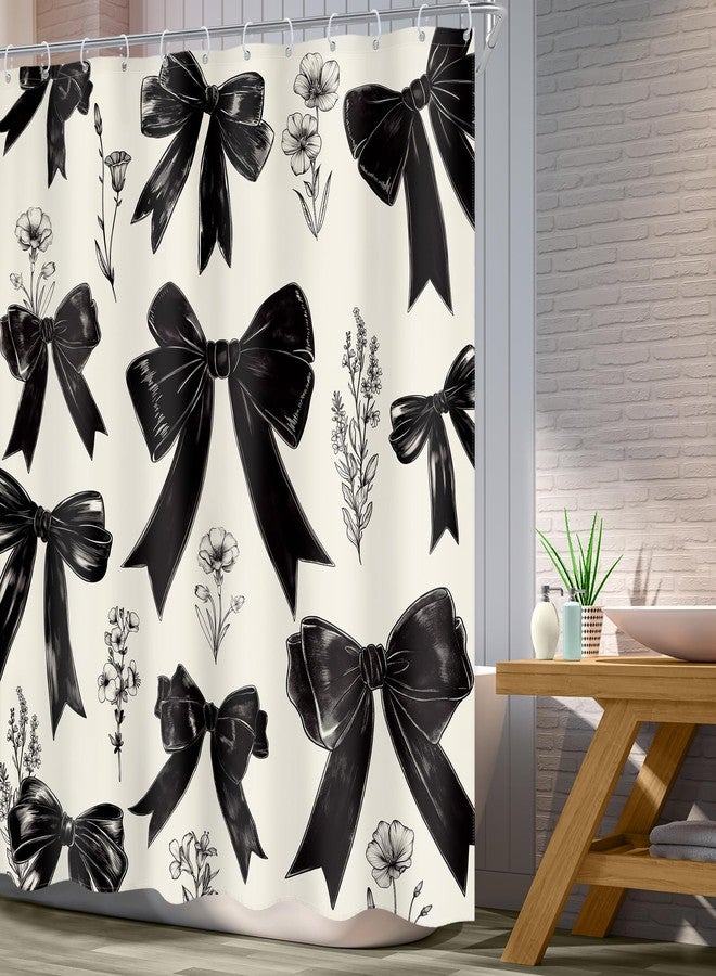 Ufeela Black Bow Shower Curtain Girls Vintage Coquette Bowknot Floral Wildflower Retro Girly Fashion Elegant Plant 60Wx72L Inch Bathroom Set Aesthetic Bath Curtain Bathtub Accessories Home Decor - Image 3