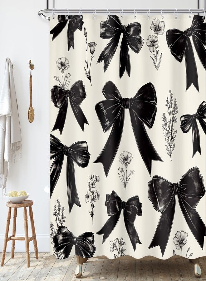Ufeela Black Bow Shower Curtain Girls Vintage Coquette Bowknot Floral Wildflower Retro Girly Fashion Elegant Plant 60Wx72L Inch Bathroom Set Aesthetic Bath Curtain Bathtub Accessories Home Decor - Image 2