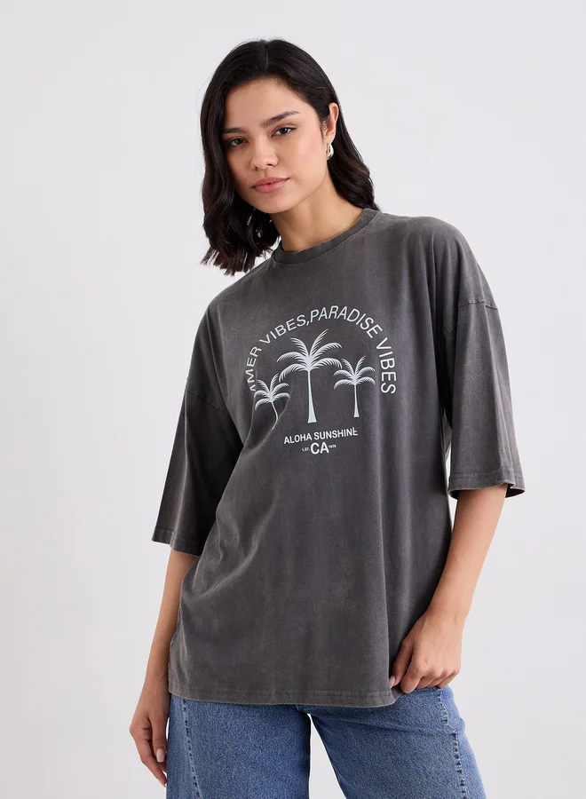 Styli Styli Acid Washed Graphic Print Oversized T-Shirt