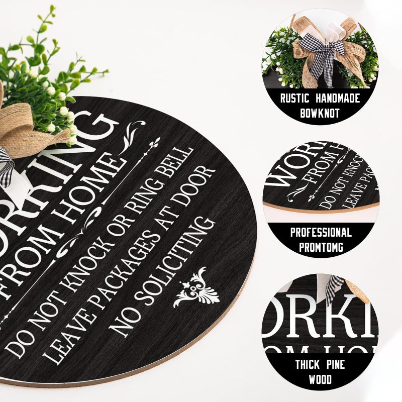 Harooni Working From Home Sign for Front Door 12""x12""  Please Do Not Knock or Ring Bell Sign with Buffalo Plaid Bow for Decoration Welcome Wreath Funny Working Round Wood Hanging for Home Porch Yard - Image 2
